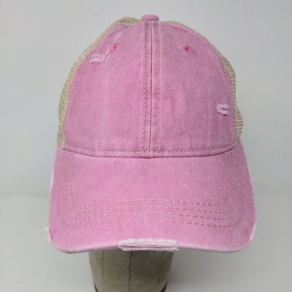 C.C. Womens Strapback Mesh Back Hat Pink Adjustable Distressed - Picture 3 of 12